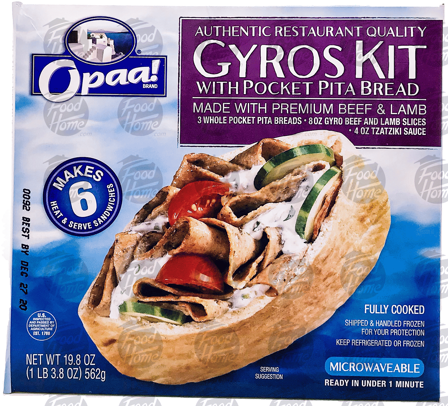 Opaa! Gyros Kit  w/pocket pita bread, 3 whole pocket pita breads, 8 oz gyro slices, 4 oz cucumber sauce, makes 6 Full-Size Picture